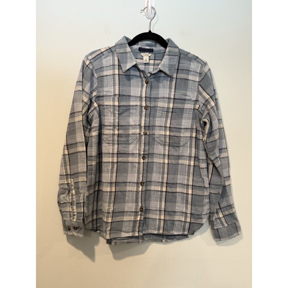 LL Bean Flannel Shirt Women Small Blue Button Up Tartan Scotch Plaid 100% Cotton